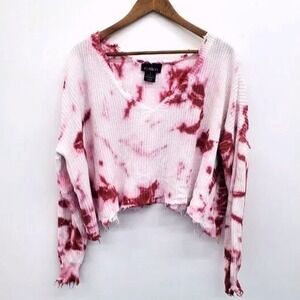 Womens M Grunge Tie Dye Sweater Pink Red V-Neck Distressed Hem Indie Knit Top